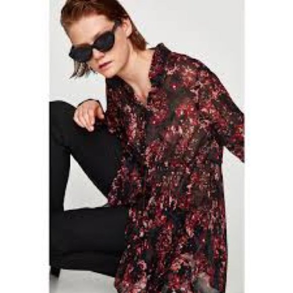 Zara Premium Collection Sheer Floral Button Front Cinched Tie Waist Tunic Size M - Picture 1 of 11